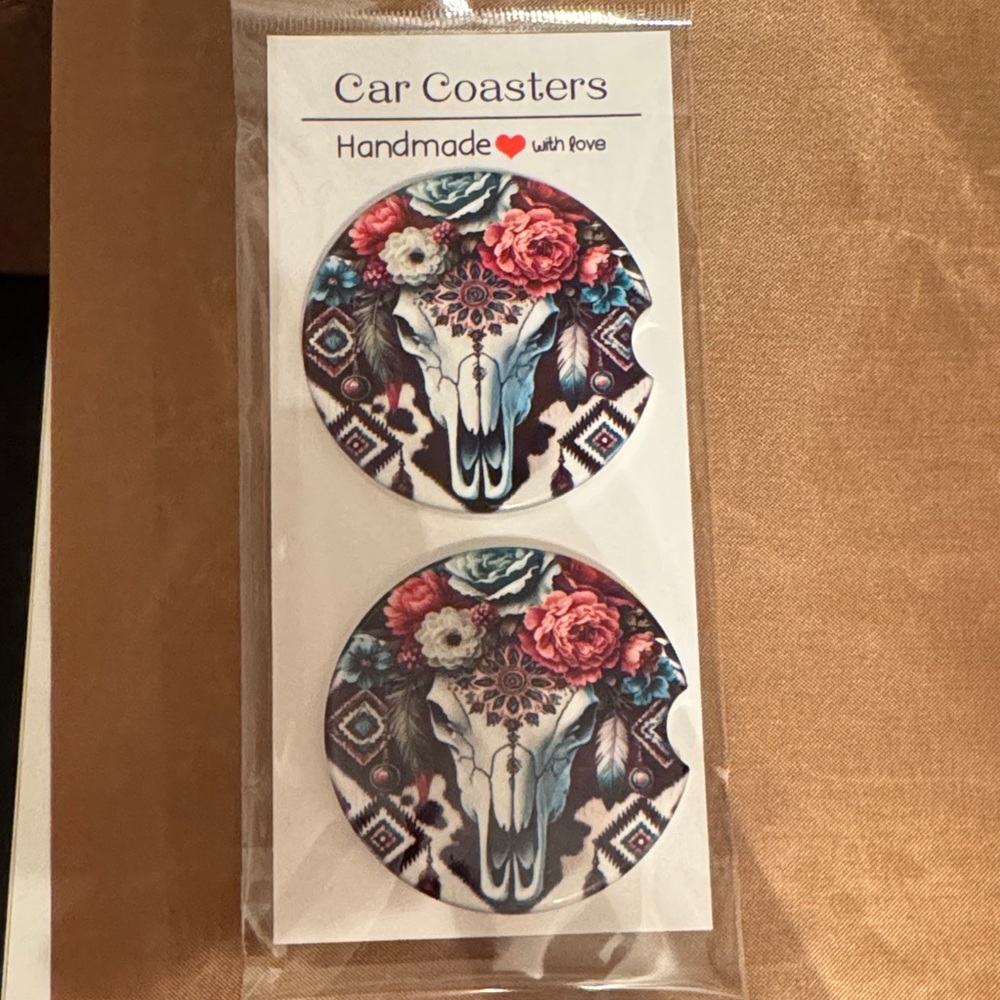 Floral Skull Car Coasters - Vibrant Design